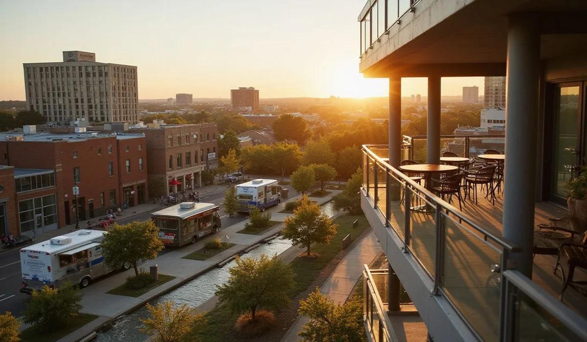 View from a Rainey Street balcony over food trucks, patios and Waller Creek